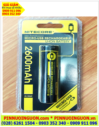 Nitecore NL1826R; Pin sạc 3.7v Lithium 18650 Nitecore NL1826R (3.7v 2600mAh) thân có cổng sạc USB